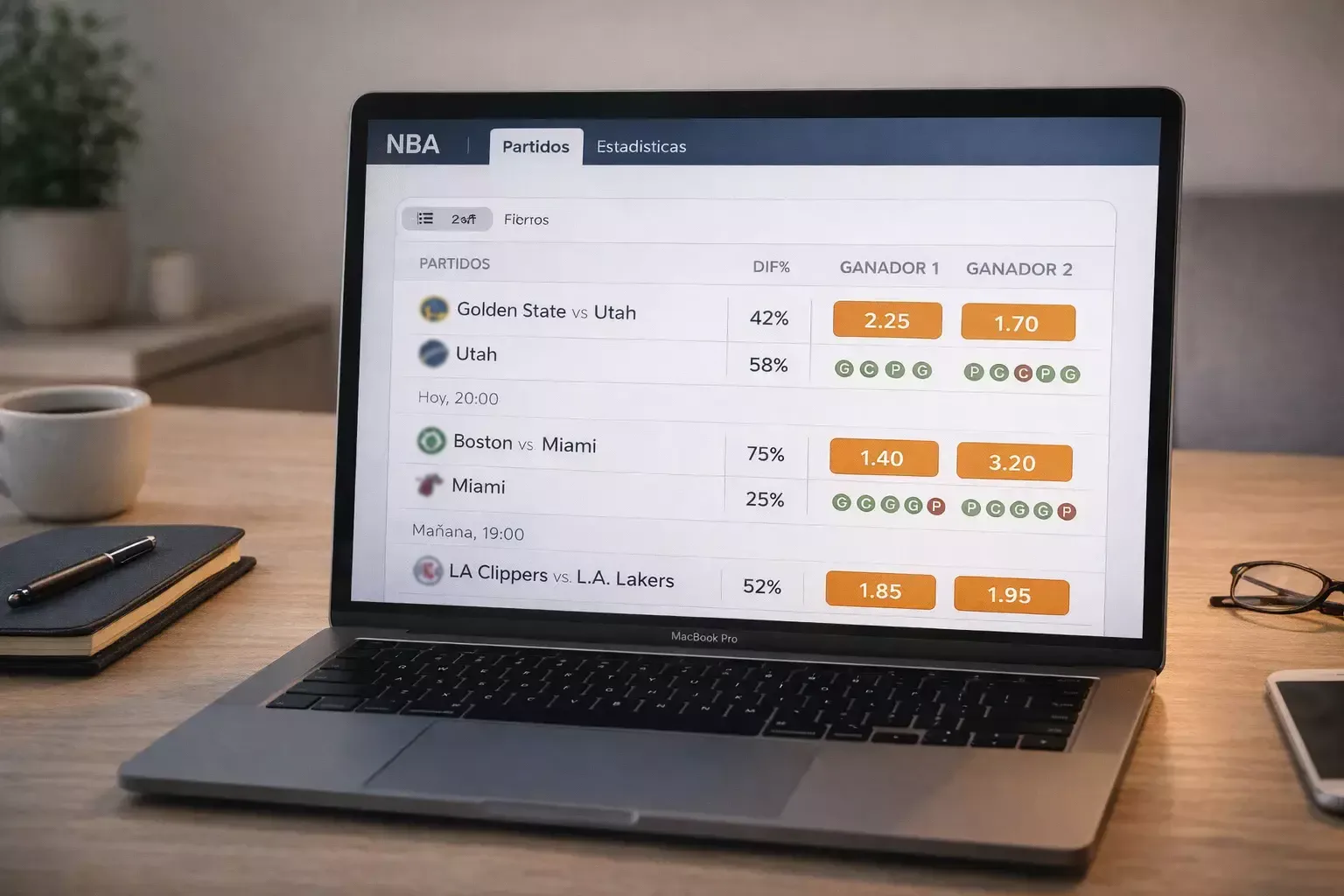 Pantalla de ordenador mostrando estadísticas de baloncesto y cuotas de apuestas