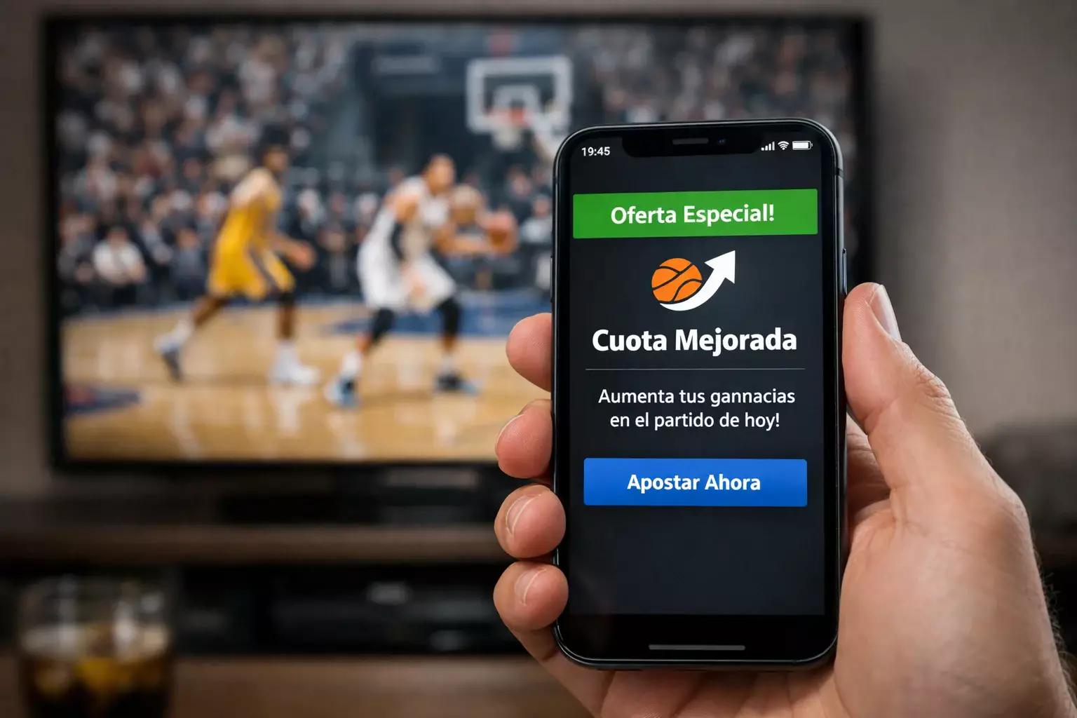 Partido de NBA en televisión con notificación de supercuota en la pantalla del móvil