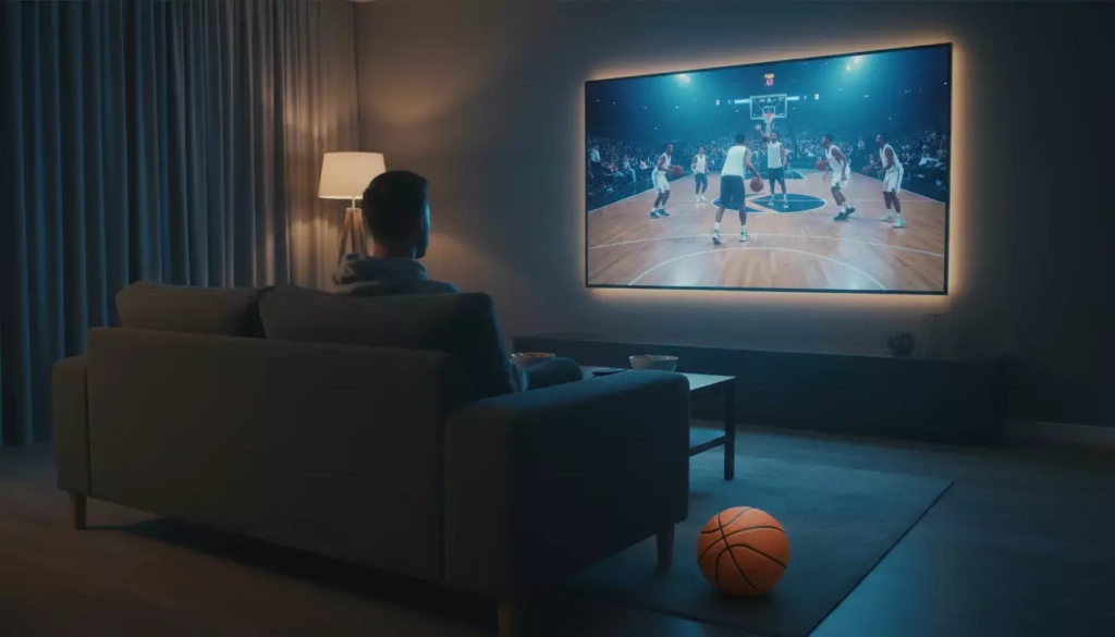 Pantalla mostrando un partido de baloncesto en directo con un aficionado observando atentamente