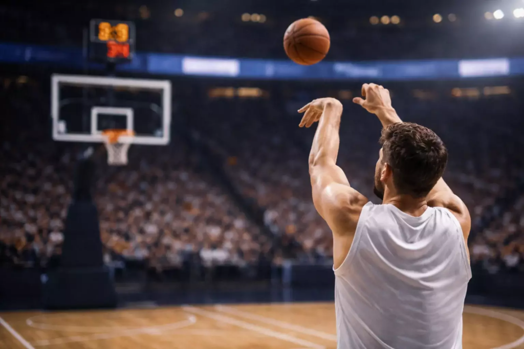 Jugador de baloncesto realizando un tiro libre en cancha profesional con tablero electrónico de fondo